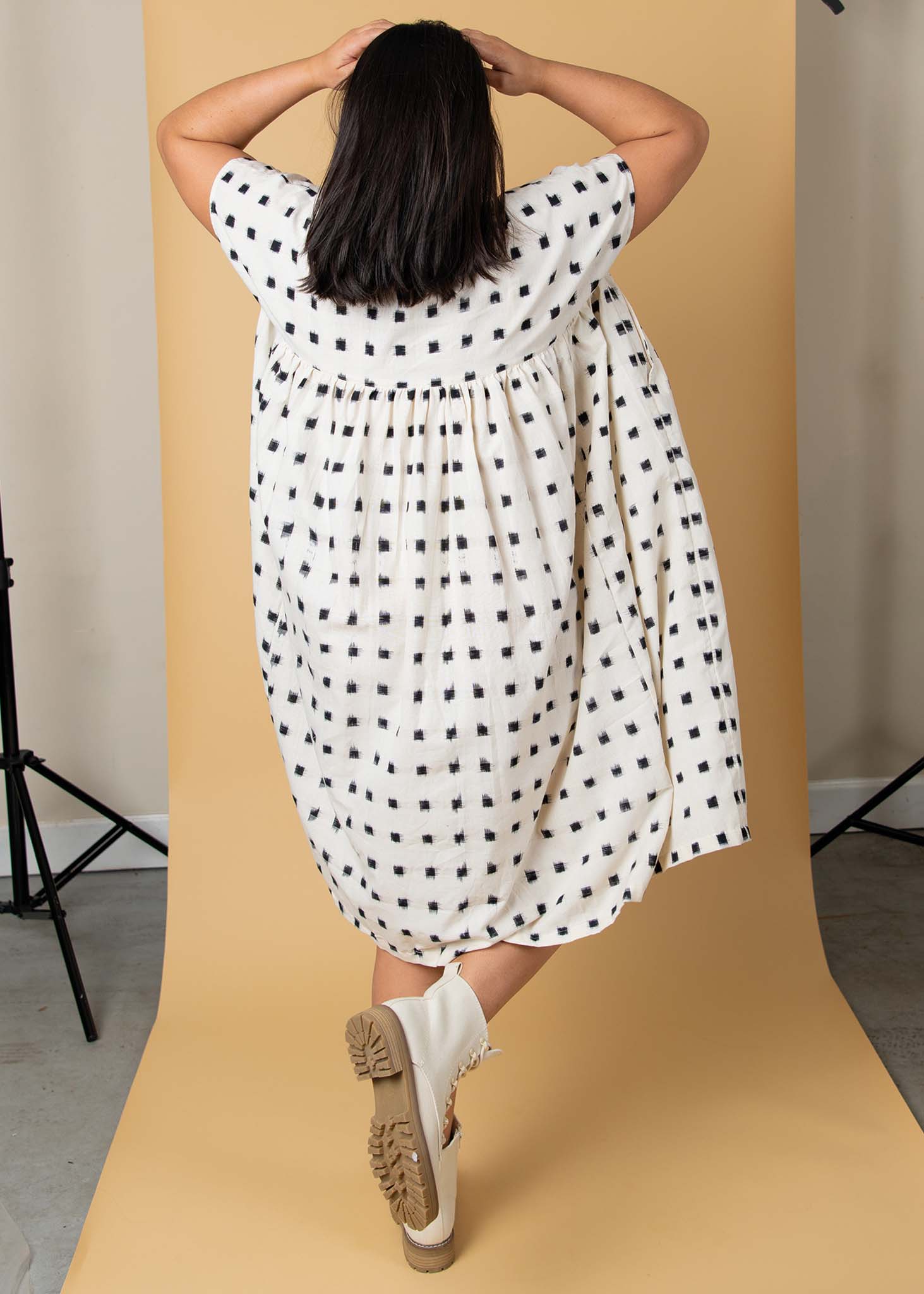 Meadow Dress - Ikat Squares Natural Black