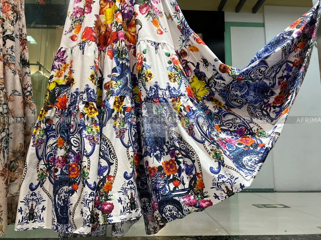 Women V Neck Crystal Beaded Flying Sleeve Retro Flower Print Elastic